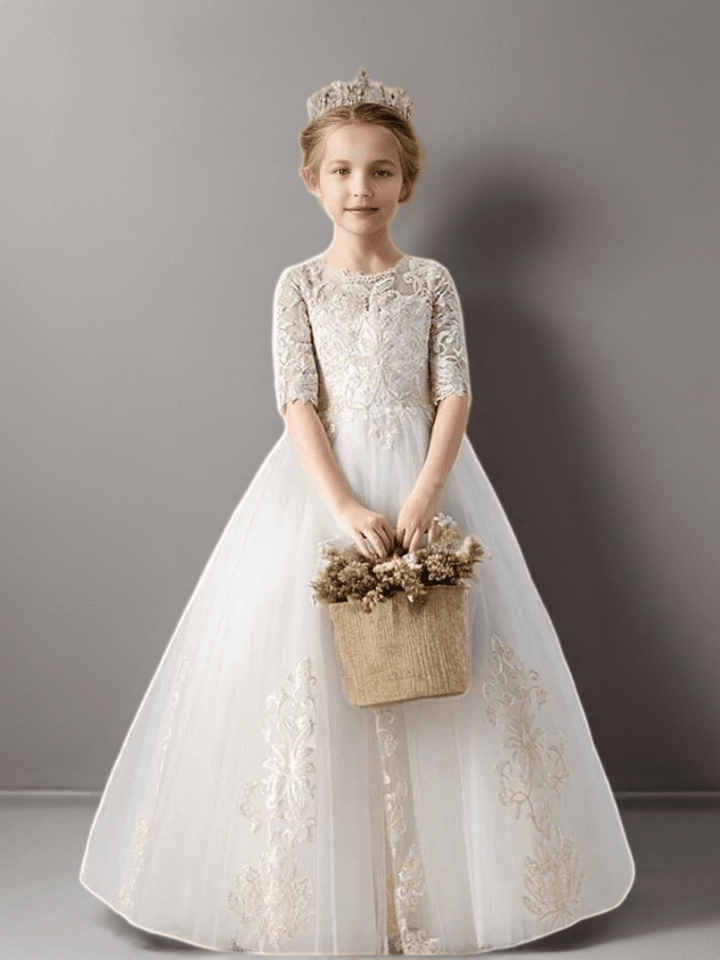 White Lace Flower Girl Dress with Half Sleeves and Embroidery – Elegant Tulle Princess Dress Plus Size - WonderlandByLilian