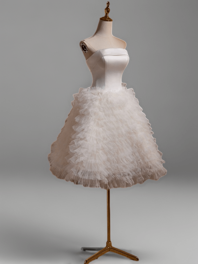 White Layered Tulle Ruffle Dress and Strapless Bridal Dress - Elegant Corset Wedding Gown Plus Size - WonderlandByLilian
