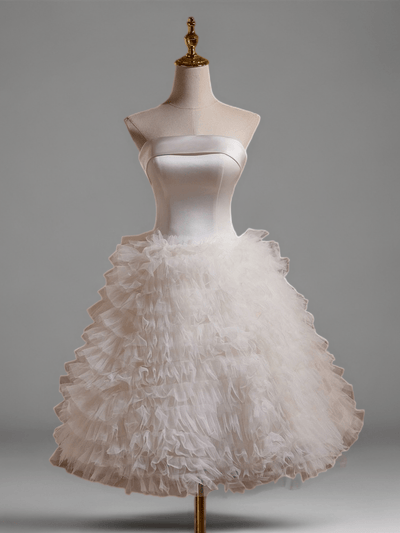 White Layered Tulle Ruffle Dress and Strapless Bridal Dress - Elegant Corset Wedding Gown Plus Size - WonderlandByLilian