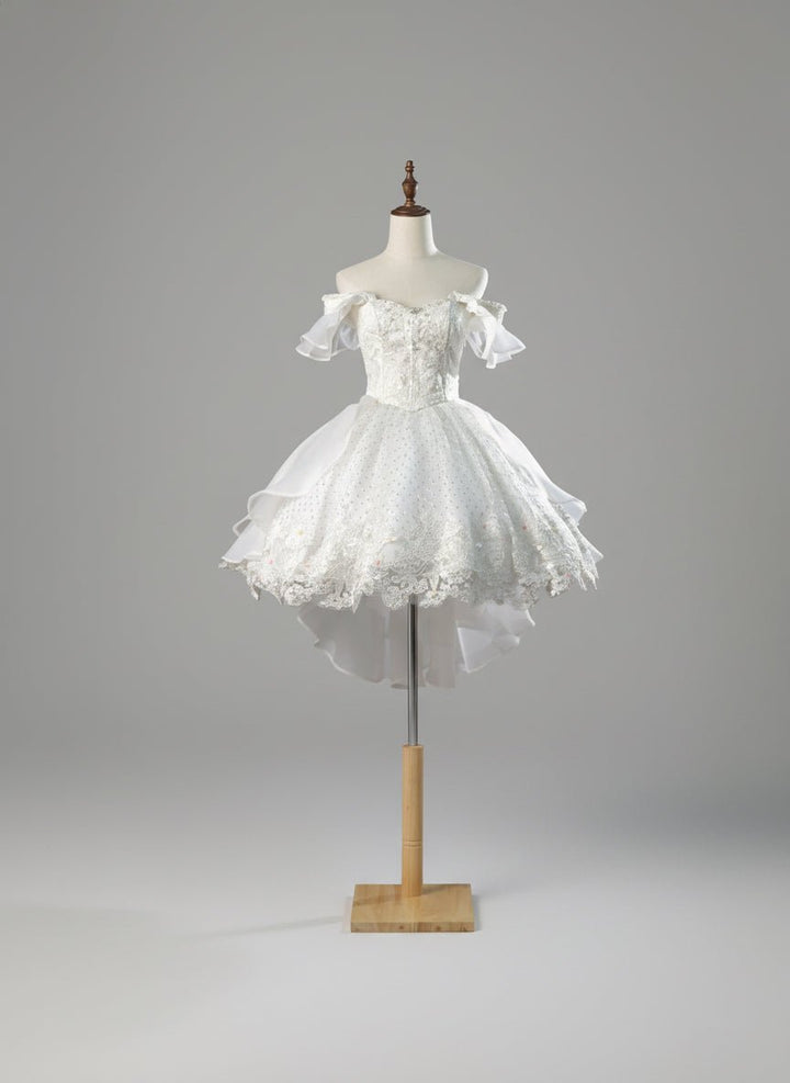 White Lolita Dress with Off - Shoulder - Short Evening Dress with Layered Ruffles – Lace Lolita Dress Plus Size - WonderlandByLilian