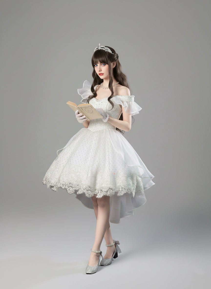 White Lolita Dress with Off - Shoulder - Short Evening Dress with Layered Ruffles – Lace Lolita Dress Plus Size - WonderlandByLilian