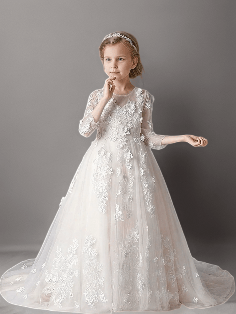 White Long Sleeve Lace Flower Girl Dress with Train – Special Occasion Flower Girl Dress Plus Size - WonderlandByLilian