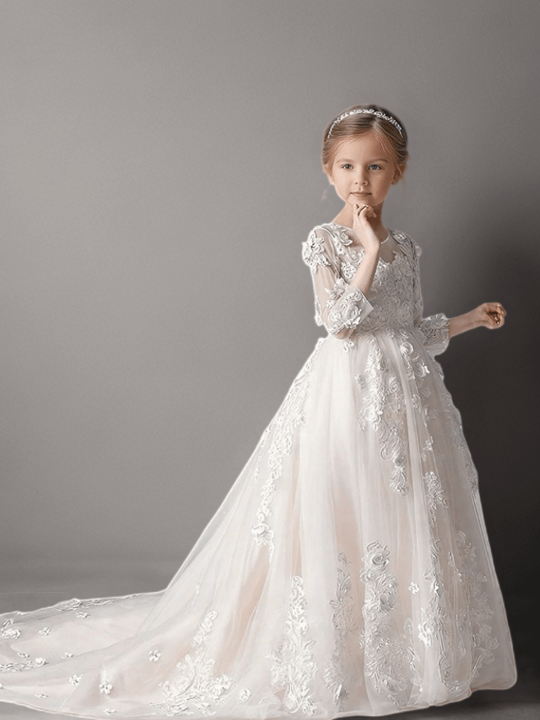 White Long Sleeve Lace Flower Girl Dress with Train – Special Occasion Flower Girl Dress Plus Size - WonderlandByLilian