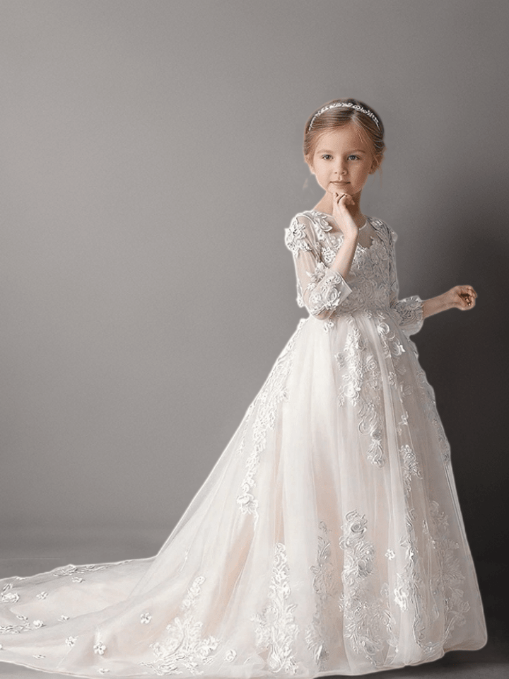 White Long Sleeve Lace Flower Girl Dress with Train – Special Occasion Flower Girl Dress Plus Size - WonderlandByLilian