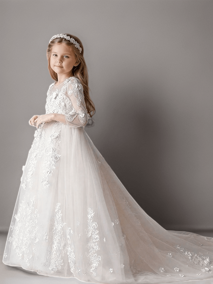 White Long Sleeve Lace Flower Girl Dress with Train – Special Occasion Flower Girl Dress Plus Size - WonderlandByLilian