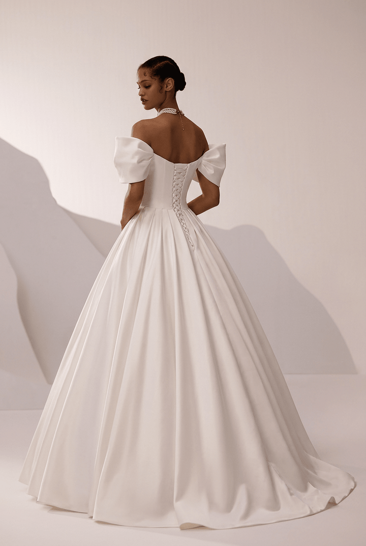 White Off the Shoulder Wedding Dress with Puff Sleeves – Simple Satin Wedding Dress with Floral Detail Plus Size - WonderlandByLilian