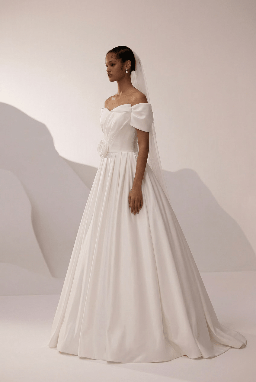 White Off the Shoulder Wedding Dress with Puff Sleeves – Simple Satin Wedding Dress with Floral Detail Plus Size - WonderlandByLilian