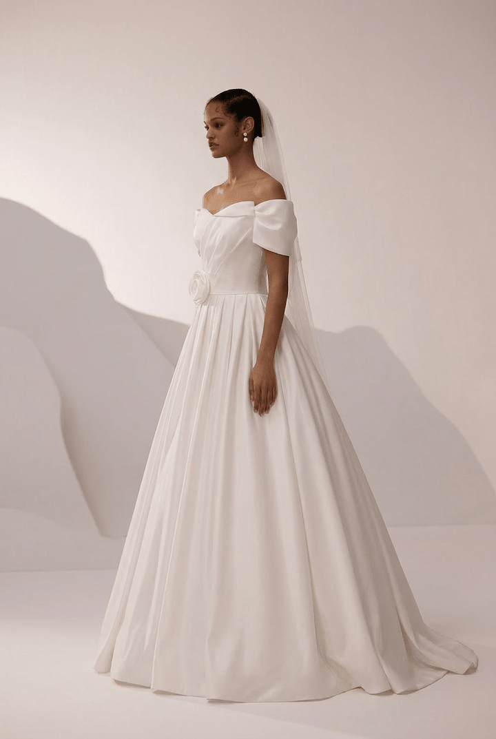 White Off the Shoulder Wedding Dress with Puff Sleeves – Simple Satin Wedding Dress with Floral Detail Plus Size - WonderlandByLilian