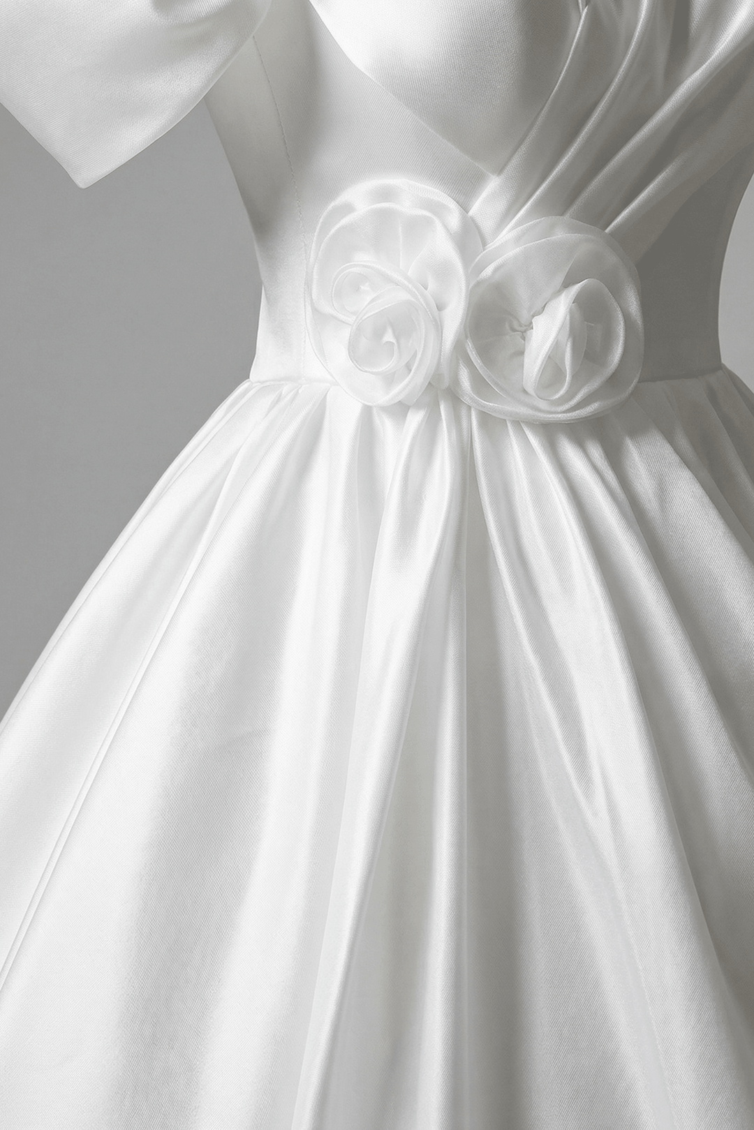 White Off the Shoulder Wedding Dress with Puff Sleeves – Simple Satin Wedding Dress with Floral Detail Plus Size - WonderlandByLilian