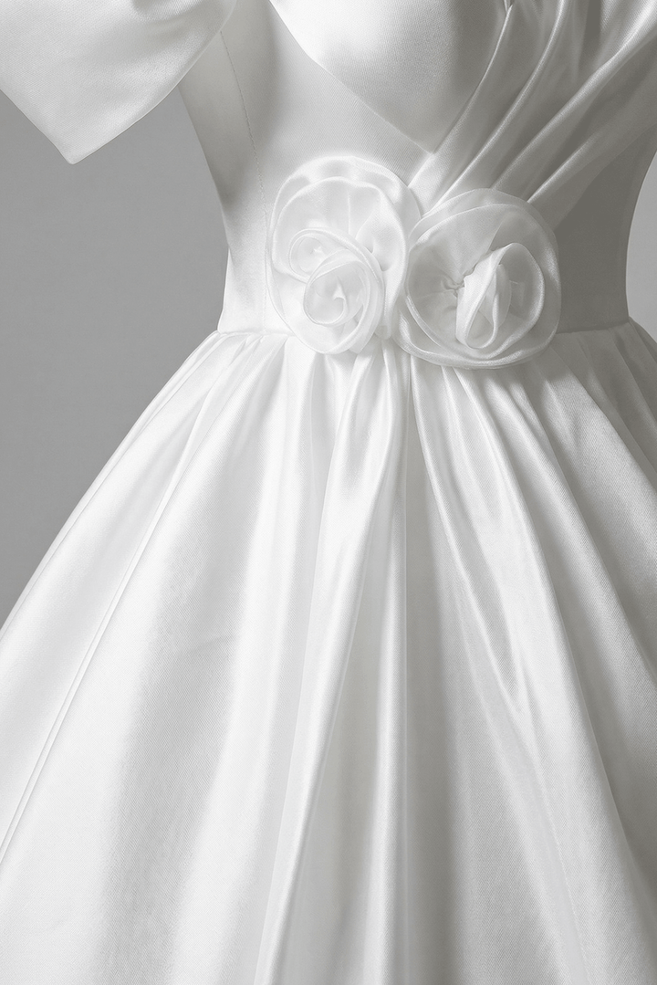 White Off the Shoulder Wedding Dress with Puff Sleeves – Simple Satin Wedding Dress with Floral Detail Plus Size - WonderlandByLilian