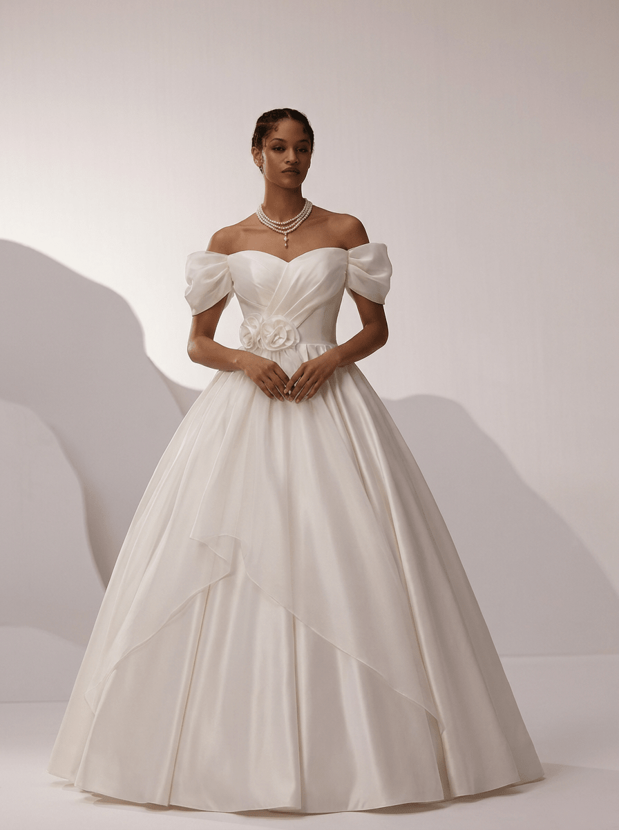 White Off the Shoulder Wedding Dress with Puff Sleeves – Simple Satin Wedding Dress with Floral Detail Plus Size - WonderlandByLilian