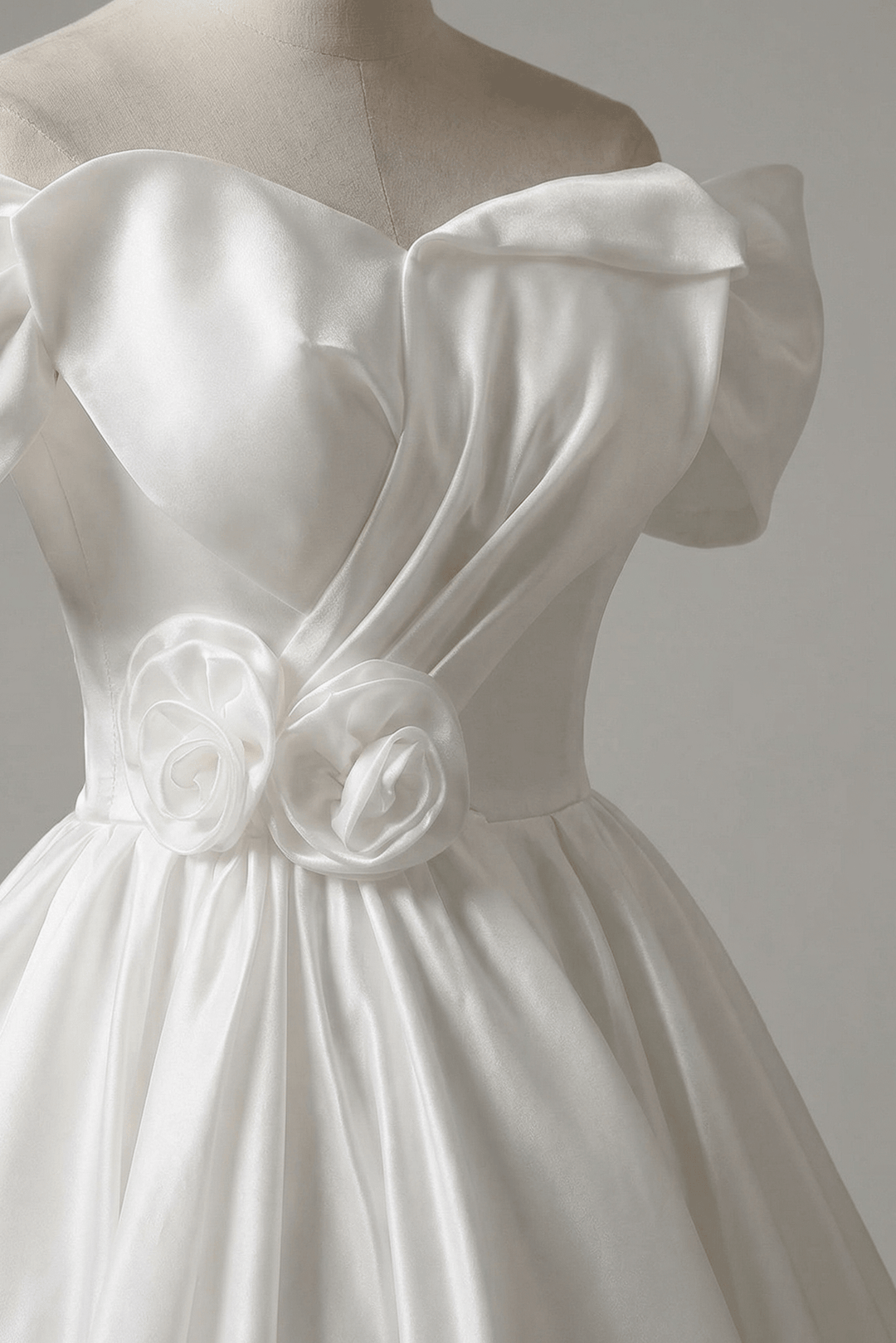 White Off the Shoulder Wedding Dress with Puff Sleeves – Simple Satin Wedding Dress with Floral Detail Plus Size - WonderlandByLilian