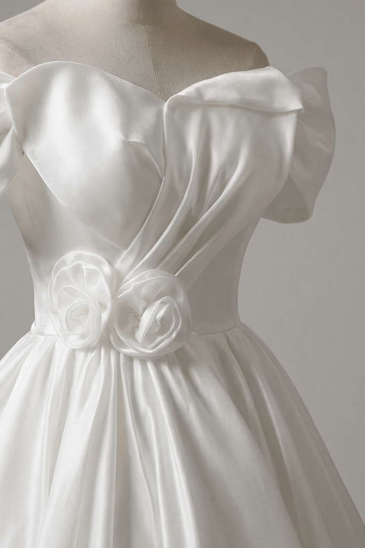 White Off the Shoulder Wedding Dress with Puff Sleeves – Simple Satin Wedding Dress with Floral Detail Plus Size - WonderlandByLilian