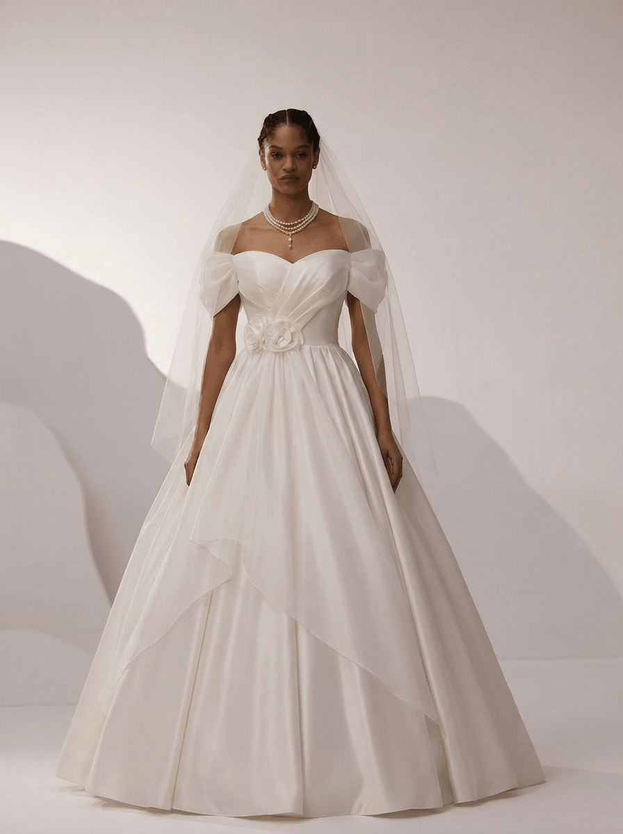 White Off the Shoulder Wedding Dress with Puff Sleeves – Simple Satin Wedding Dress with Floral Detail Plus Size - WonderlandByLilian
