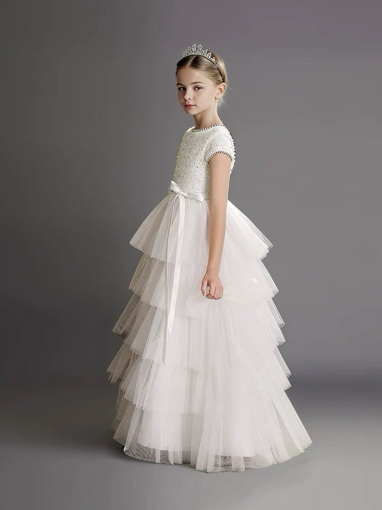 White Pearl Beaded Flower Girl Dress with Tiered Tulle Skirt – Layered Tulle Ruffle Flower Girl Dress Plus Size - WonderlandByLilian