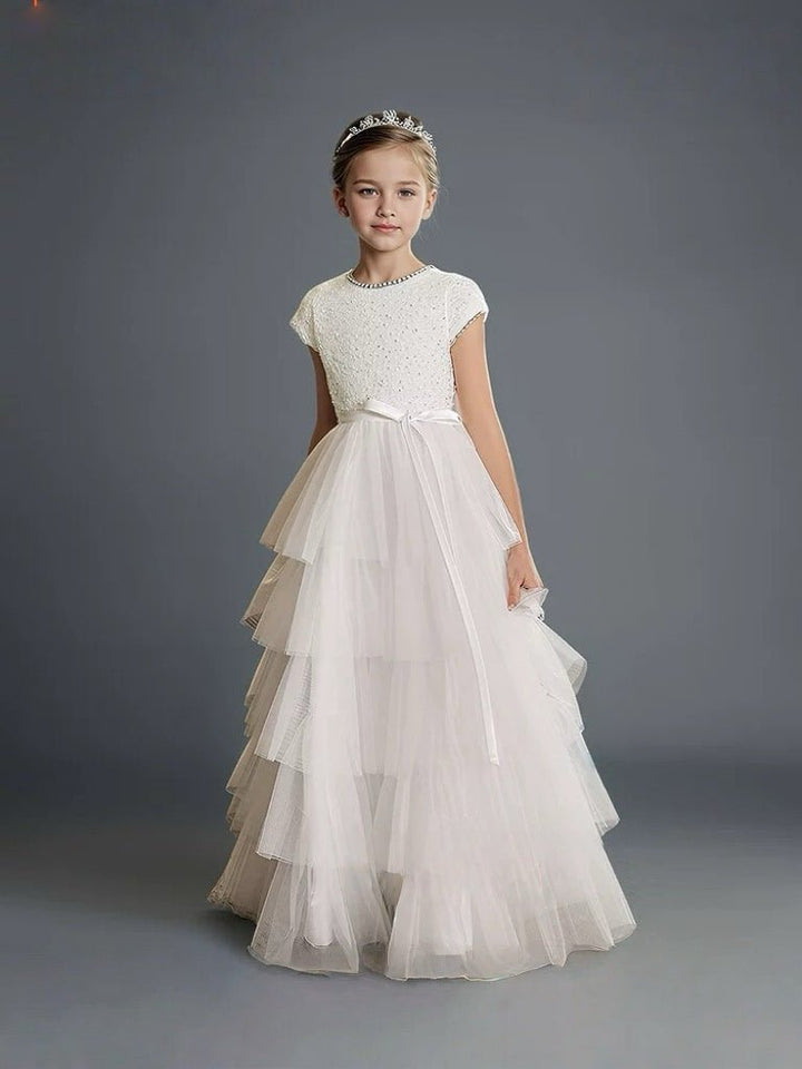 White Pearl Beaded Flower Girl Dress with Tiered Tulle Skirt – Layered Tulle Ruffle Flower Girl Dress Plus Size - WonderlandByLilian