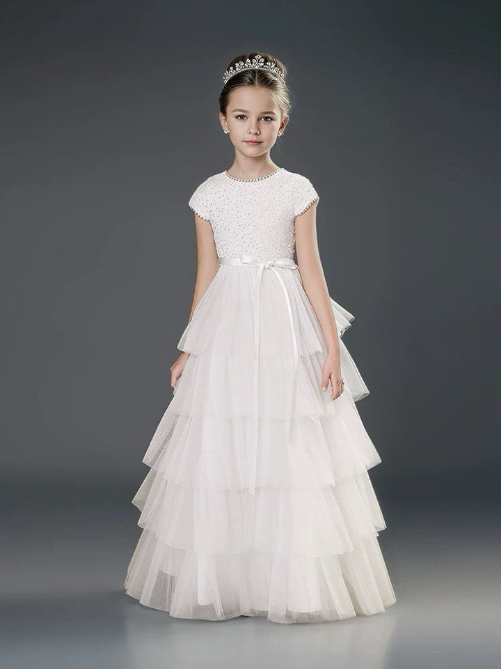 White Pearl Beaded Flower Girl Dress with Tiered Tulle Skirt – Layered Tulle Ruffle Flower Girl Dress Plus Size - WonderlandByLilian