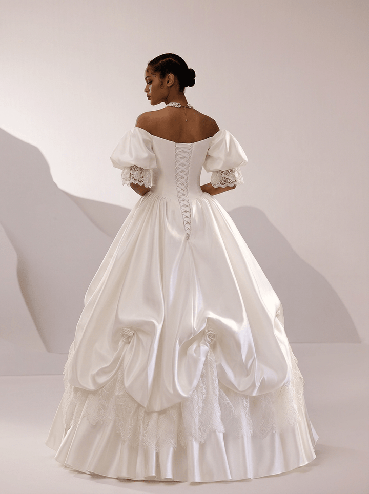 White Satin Wedding Dress with Puff Sleeve – Lace Wedding Gown Off Shoulder with Ruched Skirt and Corset Plus Size - WonderlandByLilian