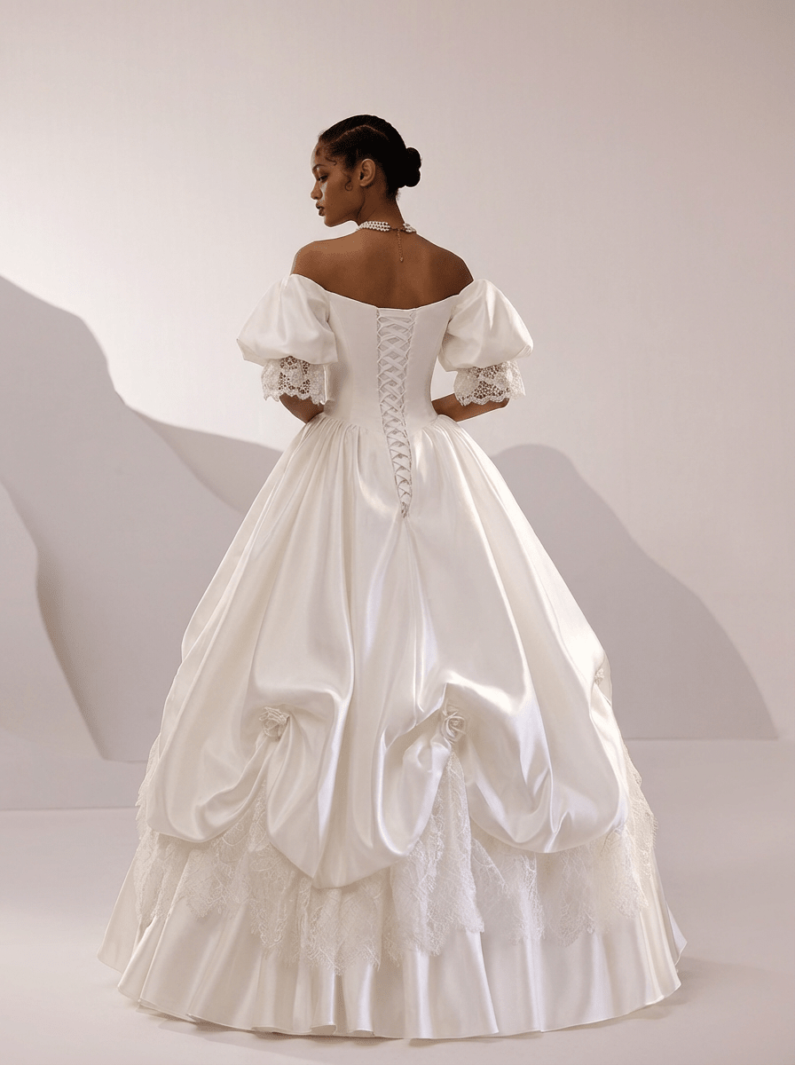 White Satin Wedding Dress with Puff Sleeve – Lace Wedding Gown Off Shoulder with Ruched Skirt and Corset Plus Size Size 28W / No Veil