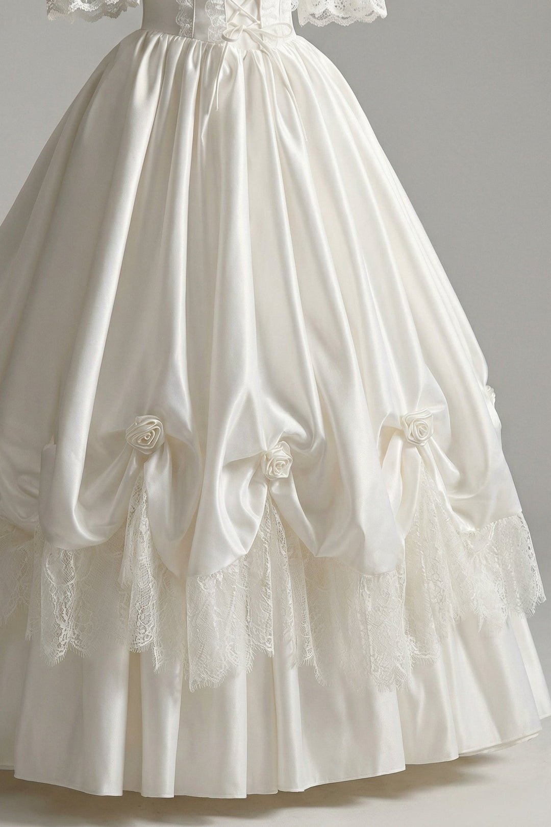 White Satin Wedding Dress with Puff Sleeve – Lace Wedding Gown Off Shoulder with Ruched Skirt and Corset Plus Size - WonderlandByLilian