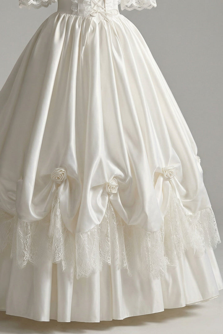 White Satin Wedding Dress with Puff Sleeve – Lace Wedding Gown Off Shoulder with Ruched Skirt and Corset Plus Size - WonderlandByLilian