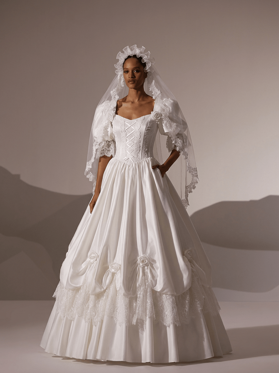 White Satin Wedding Dress with Puff Sleeve – Lace Wedding Gown Off Shoulder with Ruched Skirt and Corset Plus Size - WonderlandByLilian