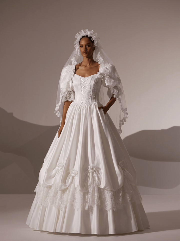 White Satin Wedding Dress with Puff Sleeve – Lace Wedding Gown Off Shoulder with Ruched Skirt and Corset Plus Size - WonderlandByLilian