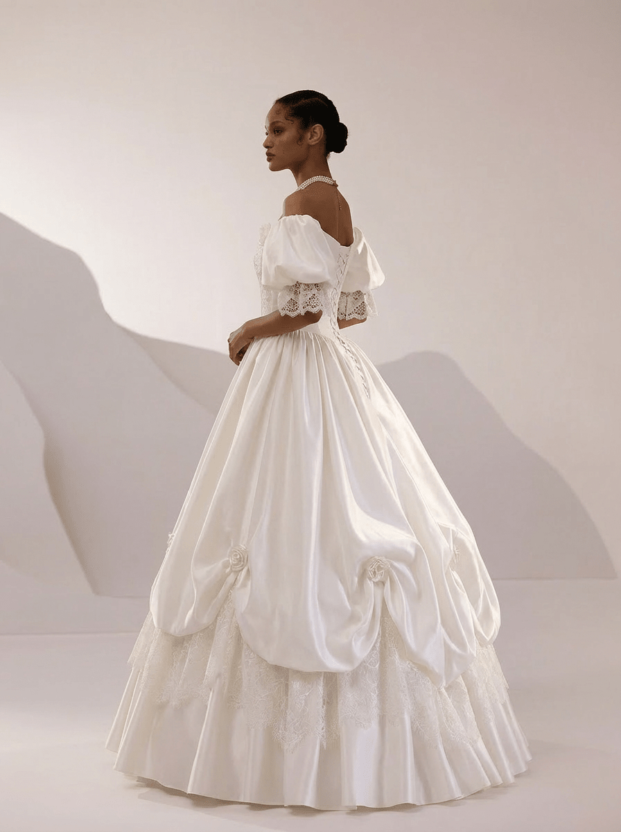 White Satin Wedding Dress with Puff Sleeve – Lace Wedding Gown Off Shoulder with Ruched Skirt and Corset Plus Size - WonderlandByLilian