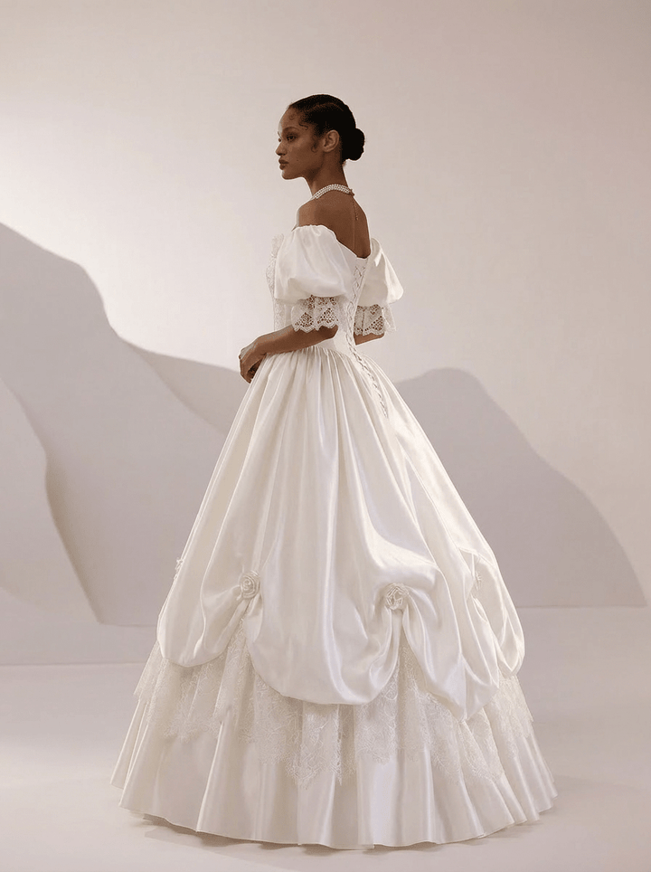 White Satin Wedding Dress with Puff Sleeve – Lace Wedding Gown Off Shoulder with Ruched Skirt and Corset Plus Size - WonderlandByLilian