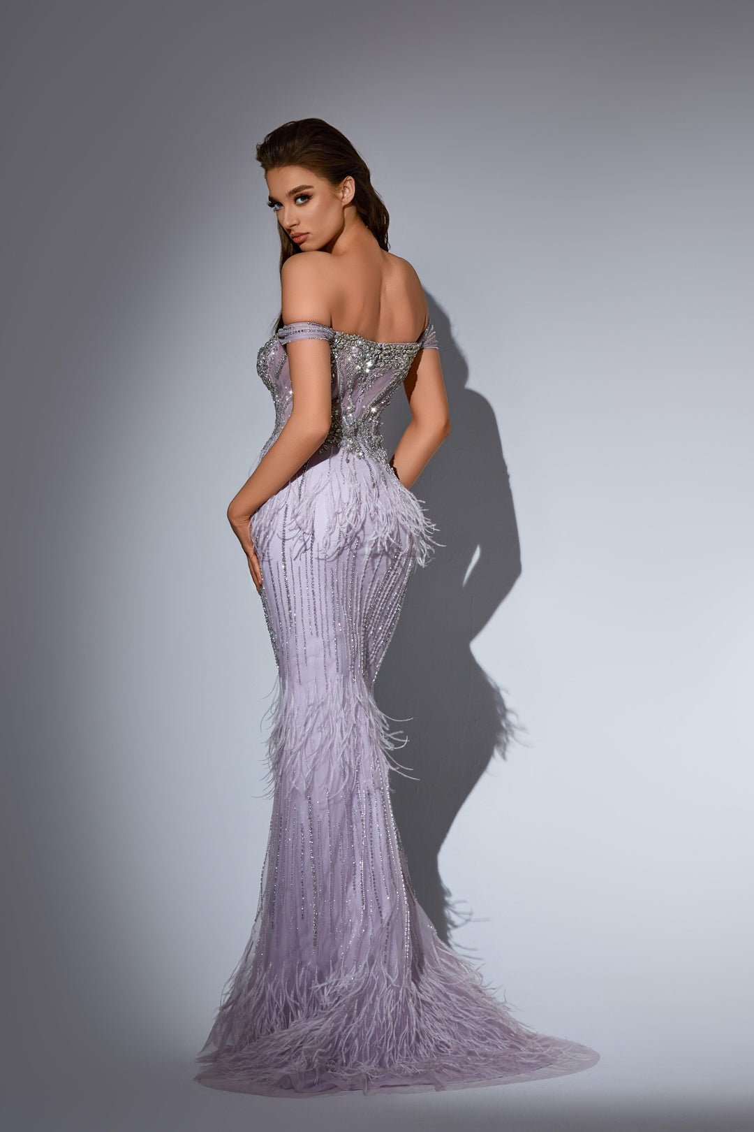 White Sequin and Feather Dress with Off Shoulder Bodice – Embellished Designer Sequin Gown Plus Size - WonderlandByLilian