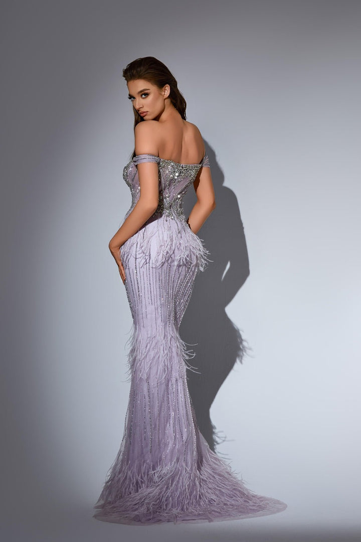 White Sequin and Feather Dress with Off Shoulder Bodice – Embellished Designer Sequin Gown Plus Size - WonderlandByLilian