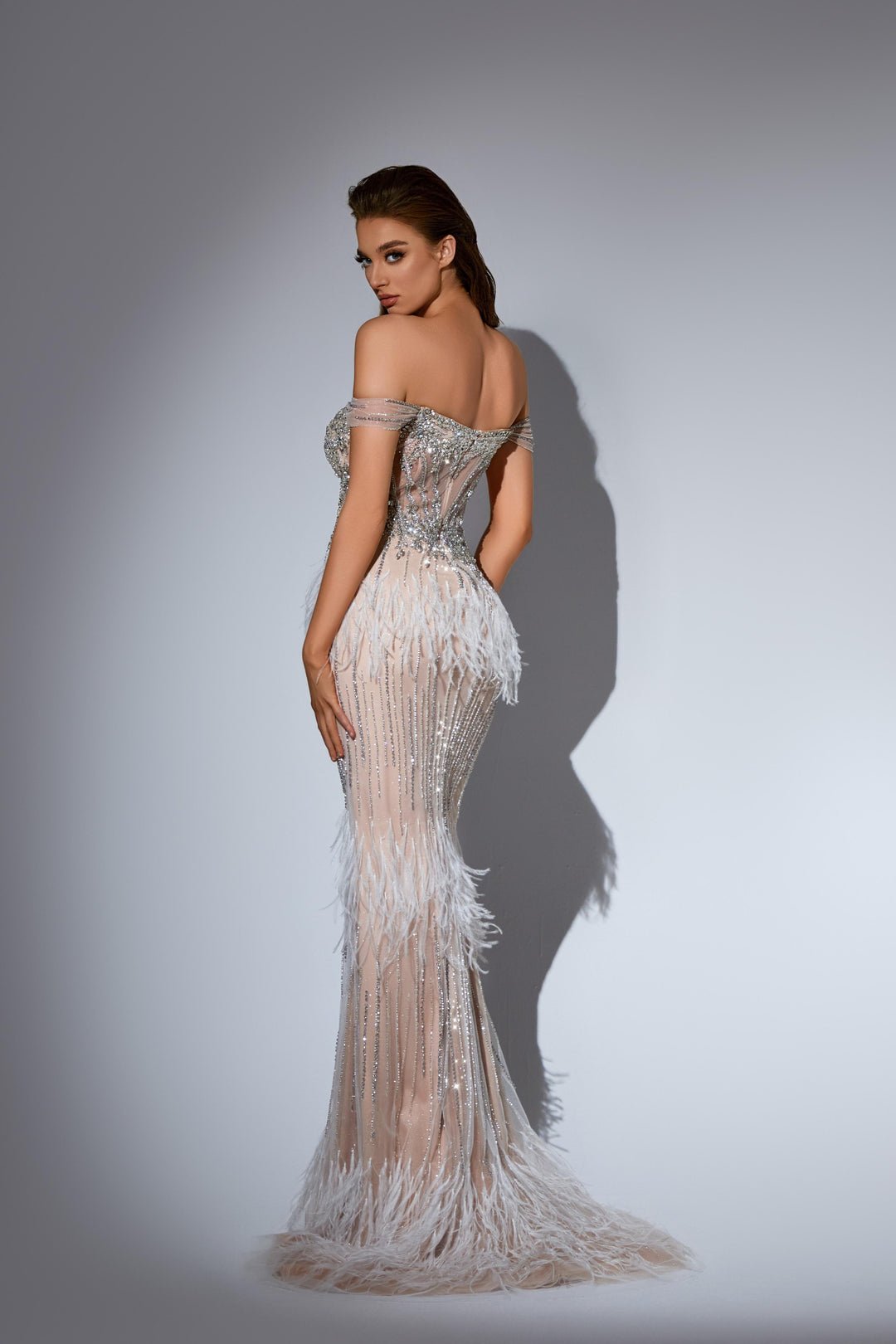 White Sequin and Feather Dress with Off Shoulder Bodice – Embellished Designer Sequin Gown Plus Size - WonderlandByLilian