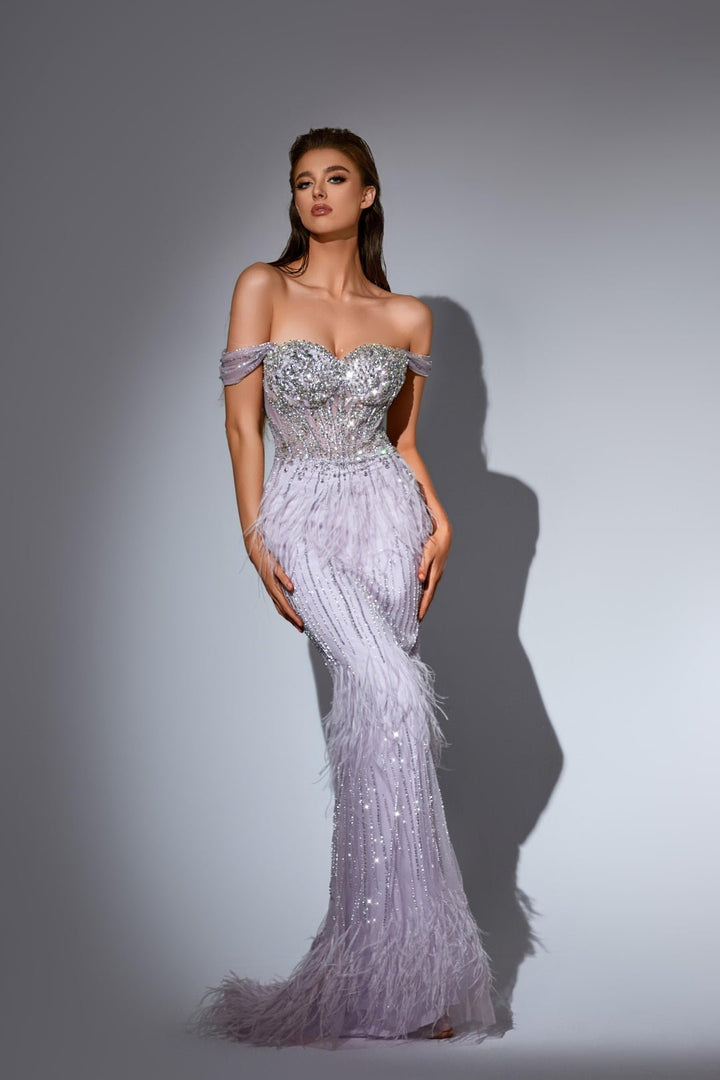 White Sequin and Feather Dress with Off Shoulder Bodice – Embellished Designer Sequin Gown Plus Size - WonderlandByLilian