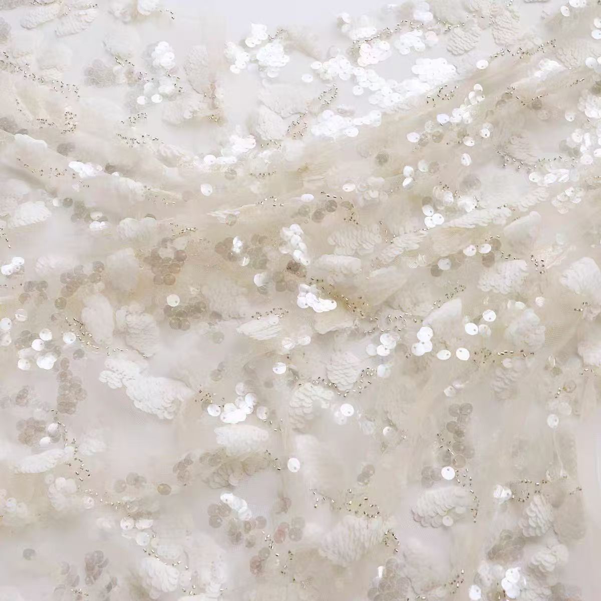 White Sequin Embroidered Lace Tulle Fabric for Custom Dresses and Gowns - WonderlandByLilian