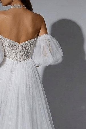 White Sequin Evening Dress with Puffy Sleeves – White Sequin Prom Dress Long with Tulle Overskirt Plus Size - WonderlandByLilian