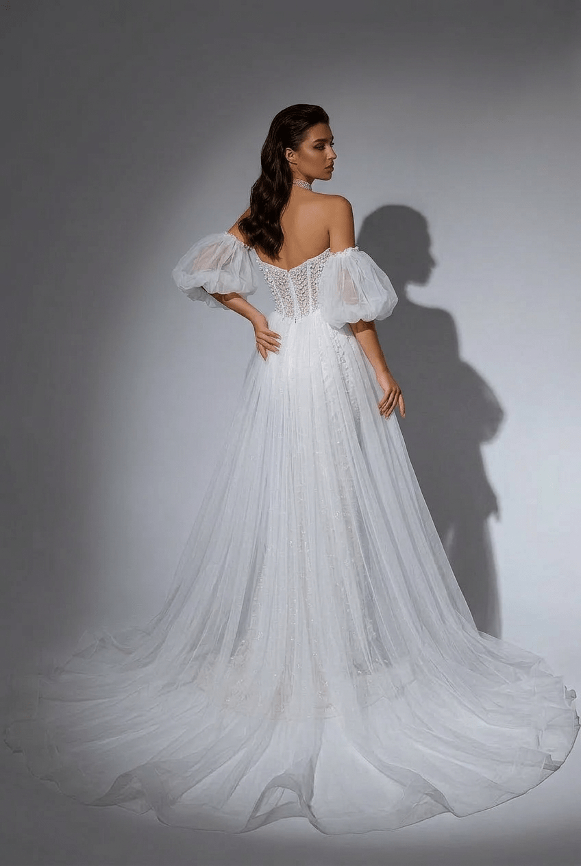 White Sequin Evening Dress with Puffy Sleeves – White Sequin Prom Dress Long with Tulle Overskirt Plus Size Custom made / White / with Choker