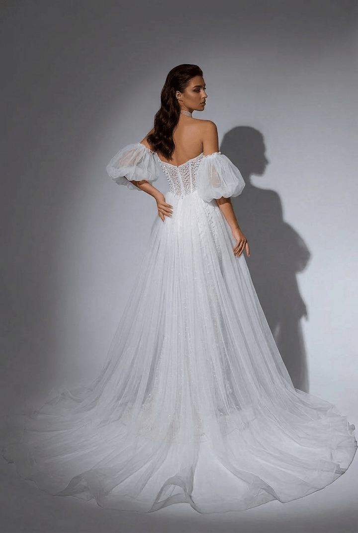 White Sequin Evening Dress with Puffy Sleeves – White Sequin Prom Dress Long with Tulle Overskirt Plus Size - WonderlandByLilian