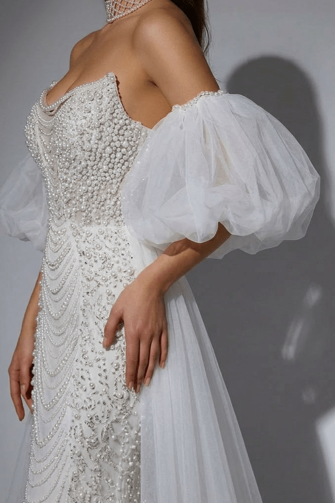 White Sequin Evening Dress with Puffy Sleeves – White Sequin Prom Dress Long with Tulle Overskirt Plus Size - WonderlandByLilian