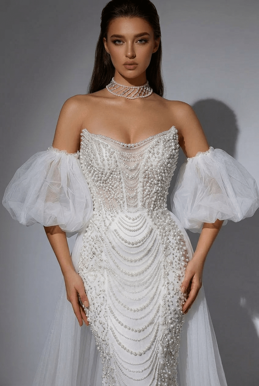 White Sequin Evening Dress with Puffy Sleeves – White Sequin Prom Dress Long with Tulle Overskirt Plus Size - WonderlandByLilian