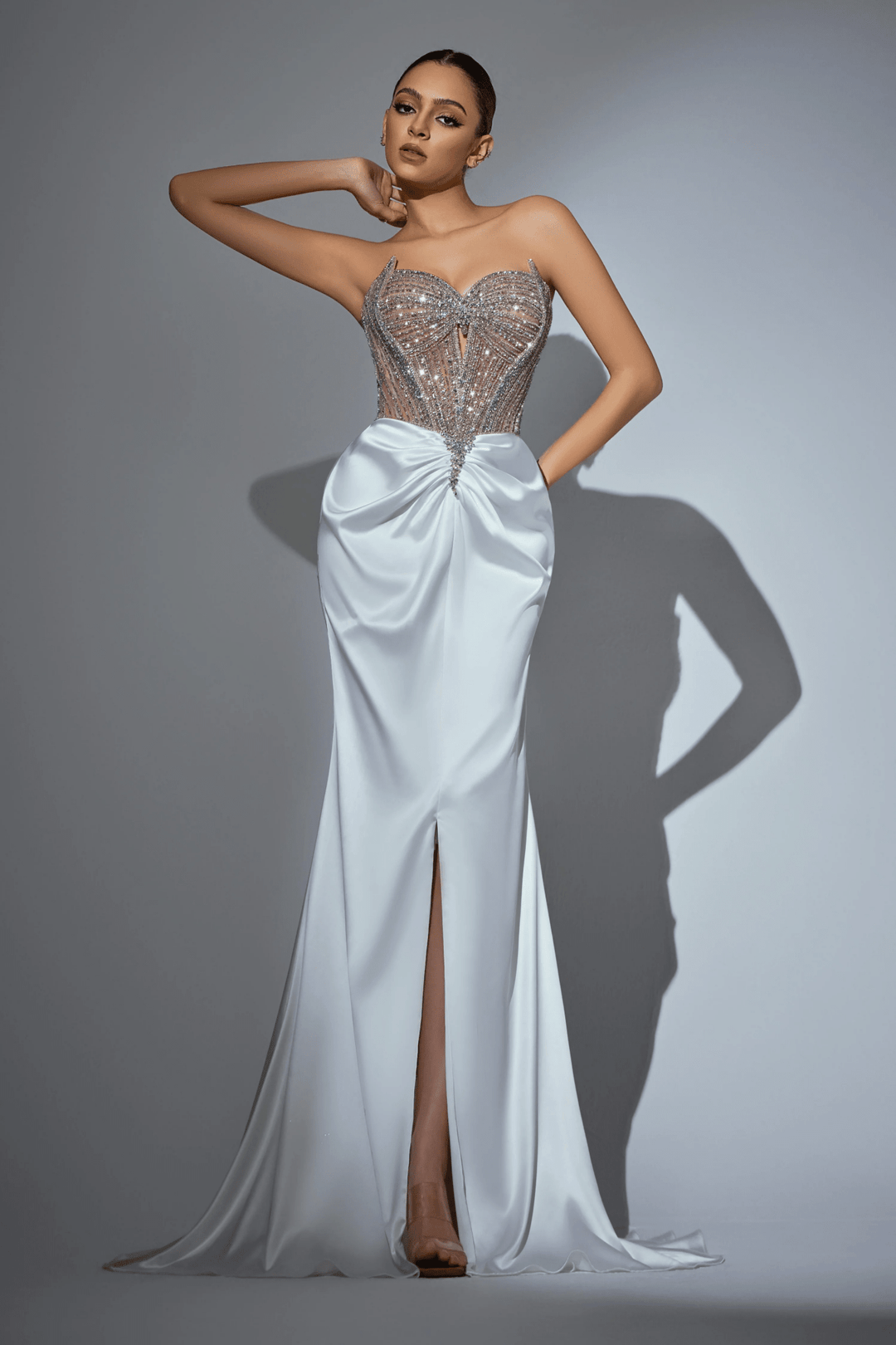 White Sequin Evening Gown with Beaded Corset Top – Designer Sequin Gown with High Slit and Satin Train Plus Size - WonderlandByLilian