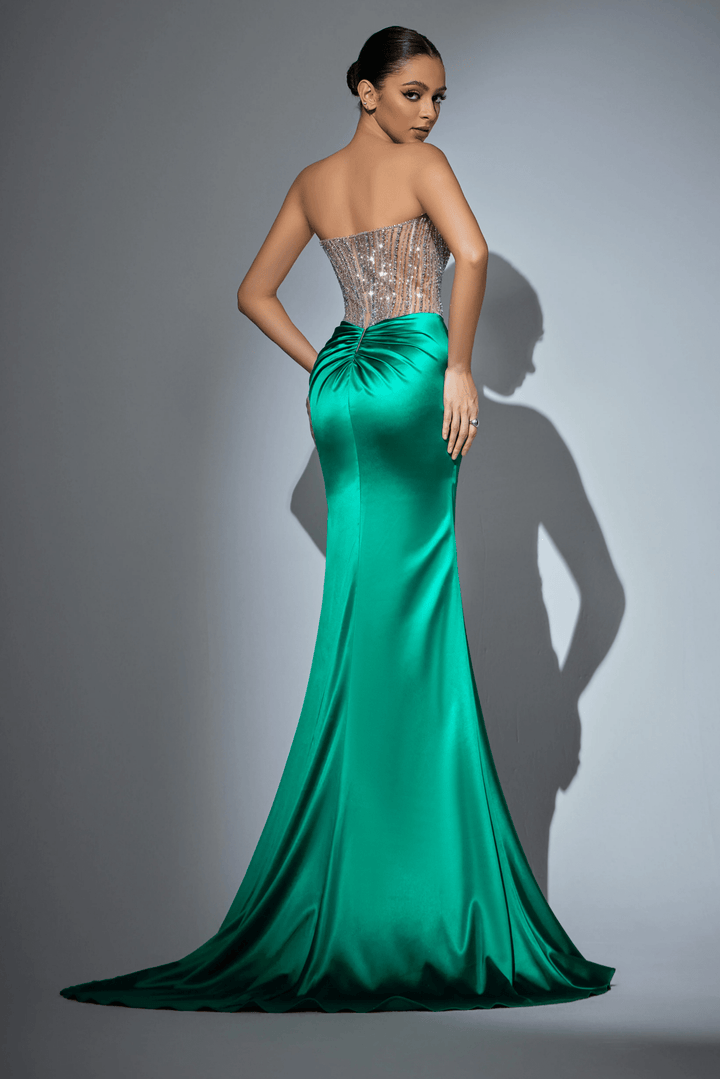 White Sequin Evening Gown with Beaded Corset Top – Designer Sequin Gown with High Slit and Satin Train Plus Size - WonderlandByLilian