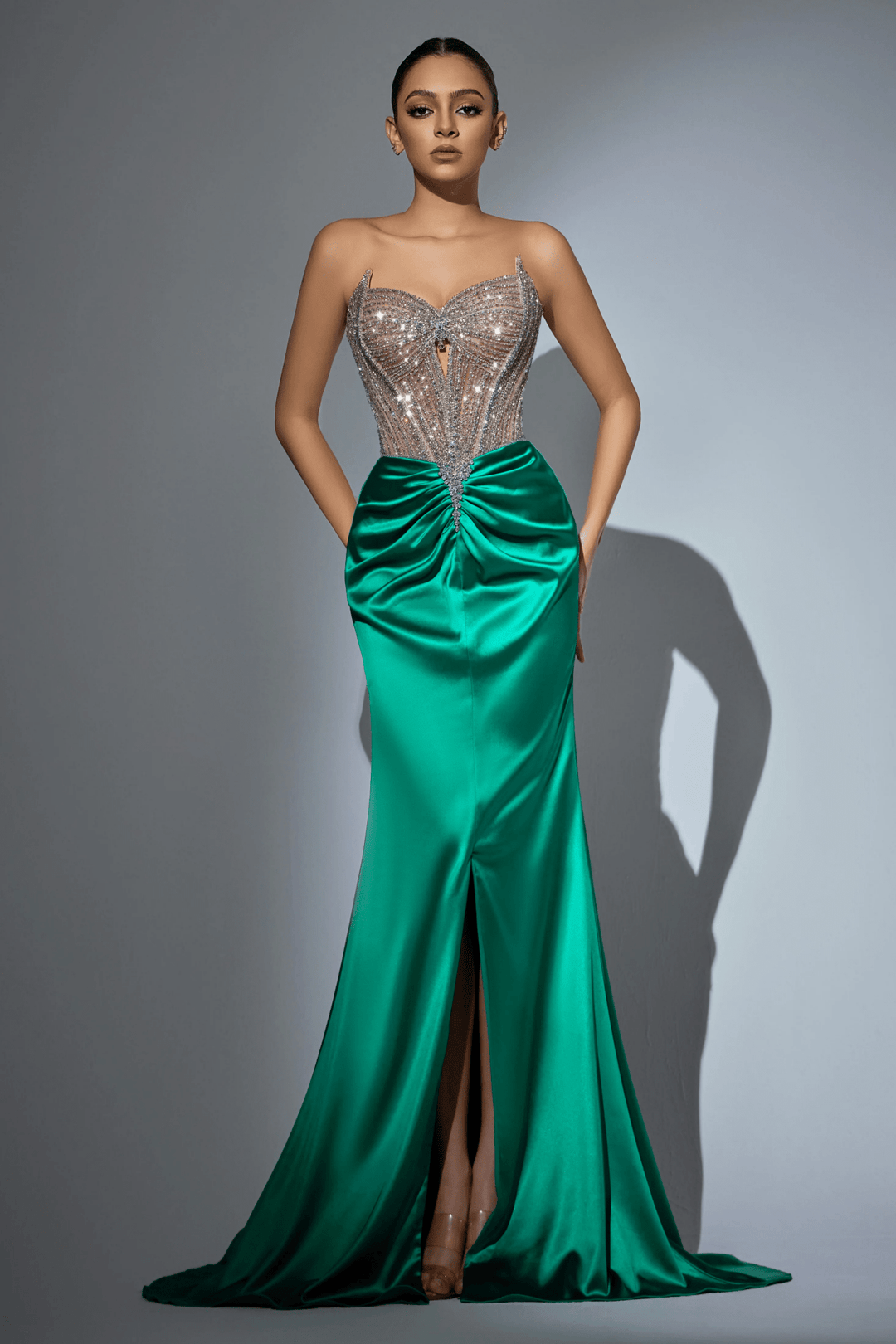 White Sequin Evening Gown with Beaded Corset Top – Designer Sequin Gown with High Slit and Satin Train Plus Size - WonderlandByLilian