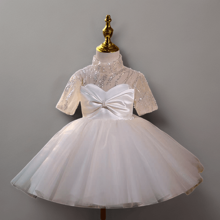 White Sequin Tulle Flower Girl Dress for Wedding – Short Sleeve Plus Size - WonderlandByLilian