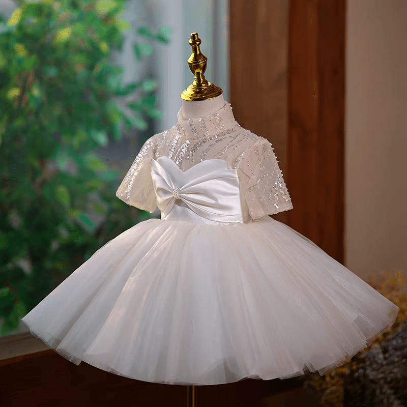 White Sequin Tulle Flower Girl Dress for Wedding – Short Sleeve Plus Size - WonderlandByLilian