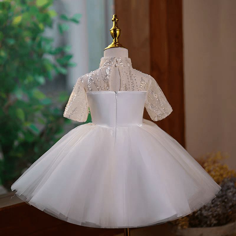 White Sequin Tulle Flower Girl Dress for Wedding – Short Sleeve Plus Size - WonderlandByLilian