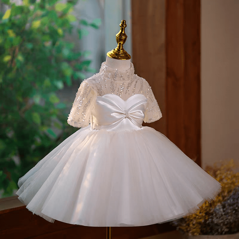 White Sequin Tulle Flower Girl Dress for Wedding – Short Sleeve Plus Size - WonderlandByLilian