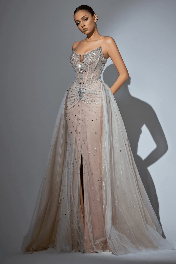 White Strapless Glitter Dress with High Slit - Embellished Gown with Beaded Detailing – Pink Sequin Dress Plus Size - WonderlandByLilian