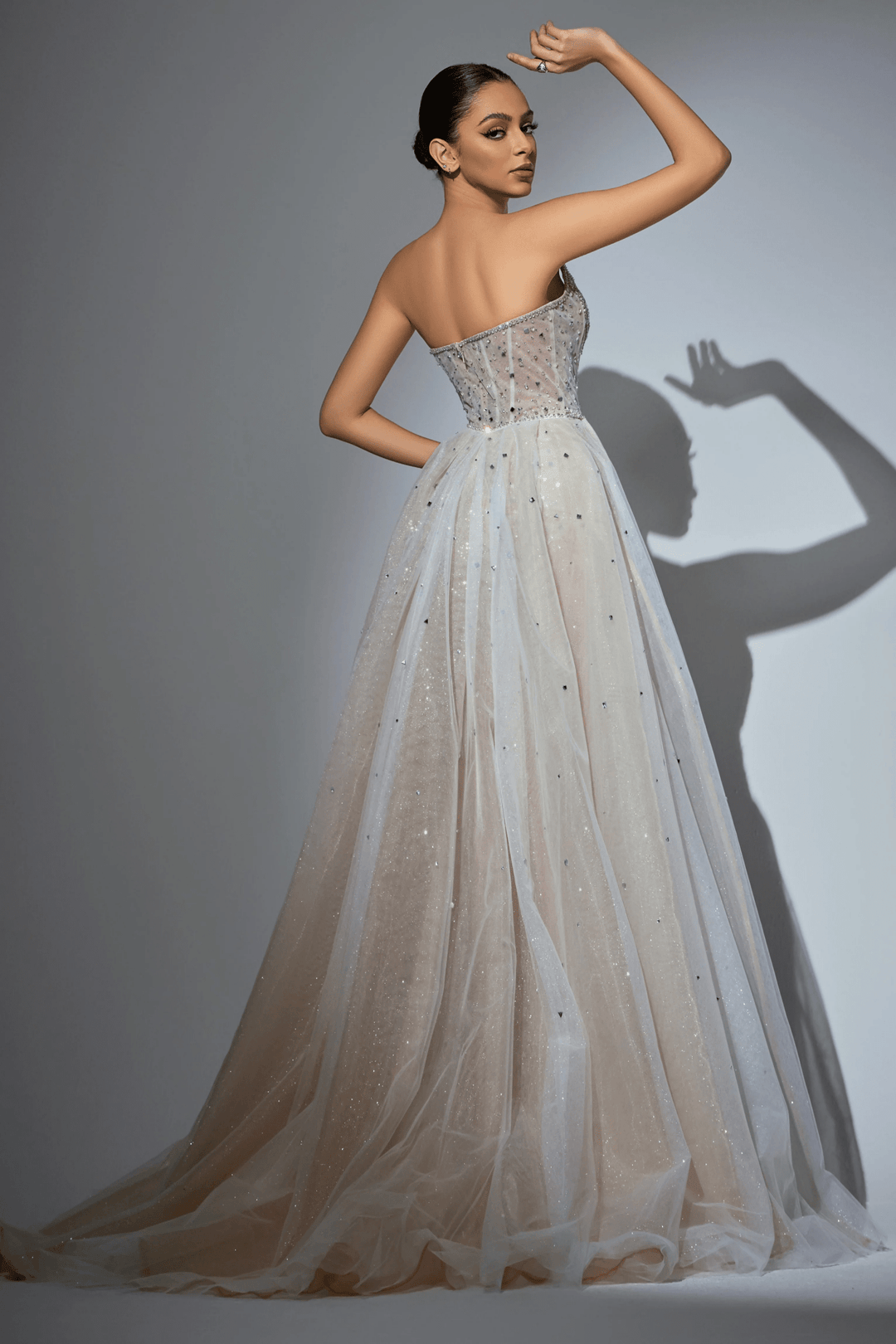 White Strapless Glitter Dress with High Slit - Embellished Gown with Beaded Detailing – Pink Sequin Dress Plus Size - WonderlandByLilian