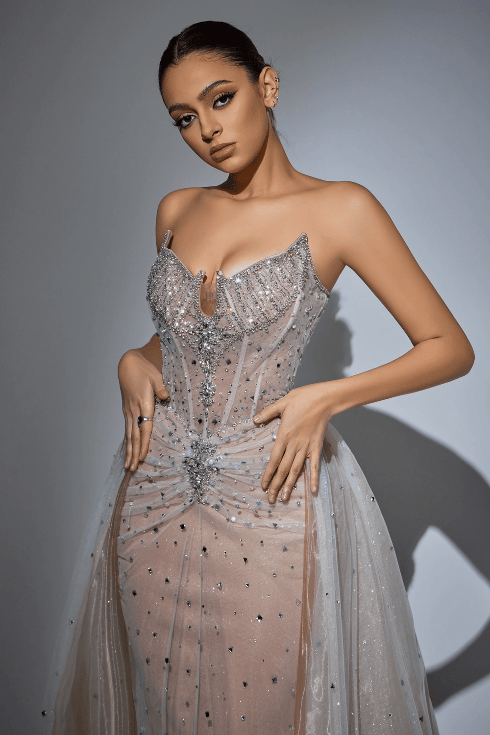 White Strapless Glitter Dress with High Slit - Embellished Gown with Beaded Detailing – Pink Sequin Dress Plus Size - WonderlandByLilian