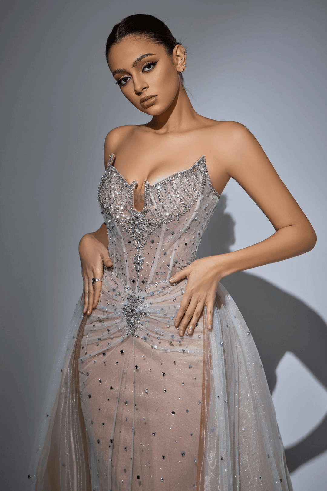 White Strapless Glitter Dress with High Slit - Embellished Gown with Beaded Detailing – Pink Sequin Dress Plus Size - WonderlandByLilian